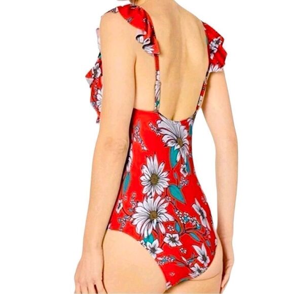 Jessica Simpson swimsuit one piece ruffle salsa red floral Small - Picture 2 of 11